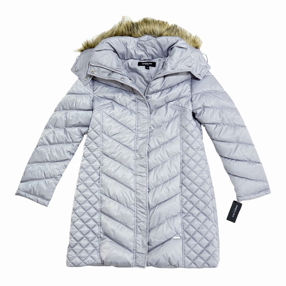 Kenneth Cole Silvery Gray Longline Puffer Jacket Women's L Faux Fur Hood Quilted